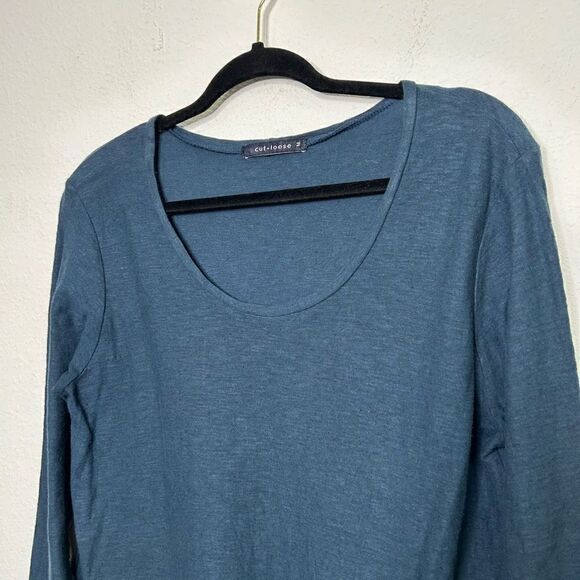 Cut Loose Women’s Blue Linen Blend Hi Low Lace Scoop Neck Top Size M - Picture 2 of 13
